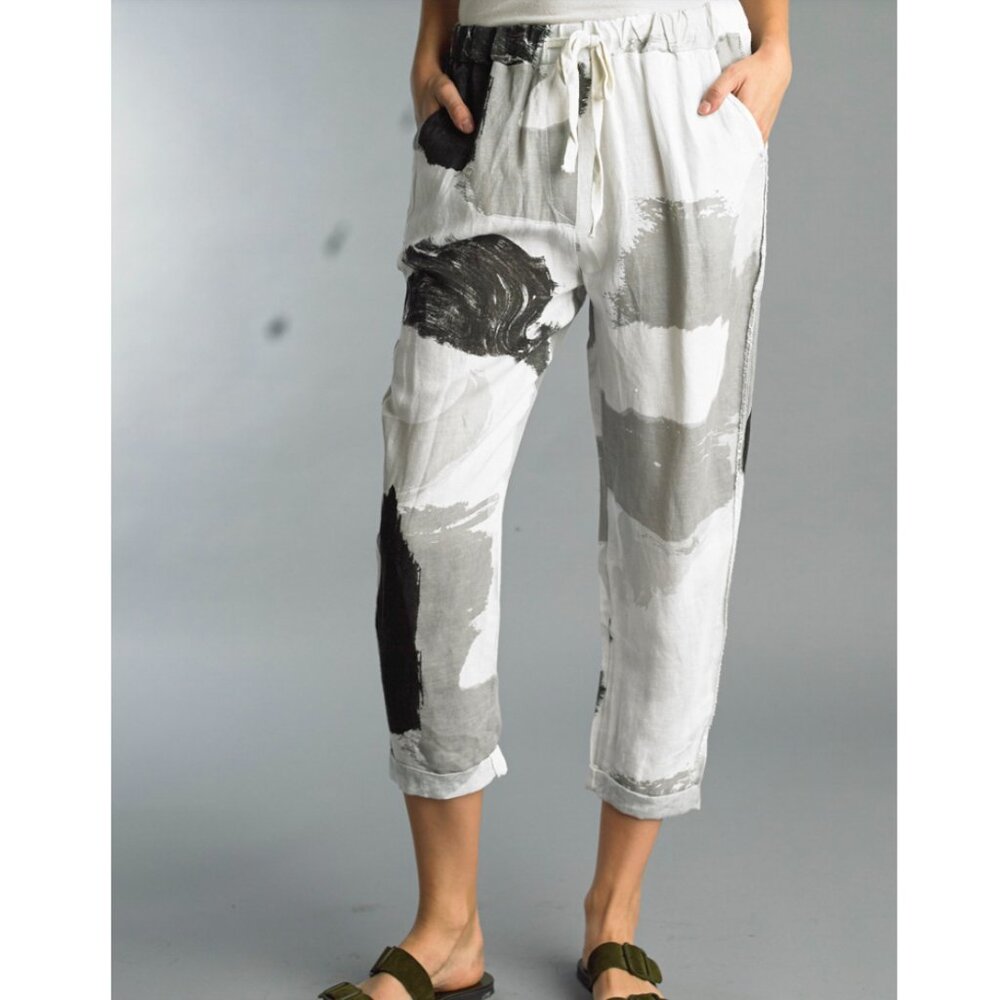 Tempo Paris Flora Silver Brush Stroke Linen Wide Leg Pull-On Pants Medium - Picture 3 of 14
